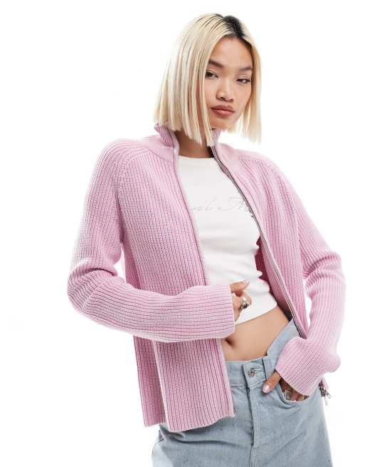 Monki - Cardigan in maglia a coste rosa lavaggio acido con zip bidirezionale, 2 di 4