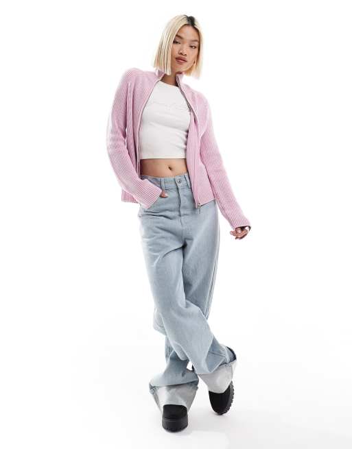 Monki - Cardigan in maglia a coste rosa lavaggio acido con zip bidirezionale, 3 di 4
