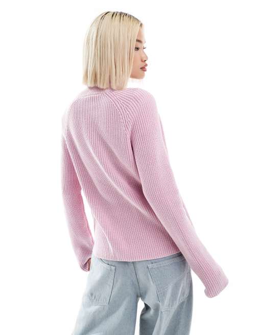 Monki - Cardigan in maglia a coste rosa lavaggio acido con zip bidirezionale, 4 di 4