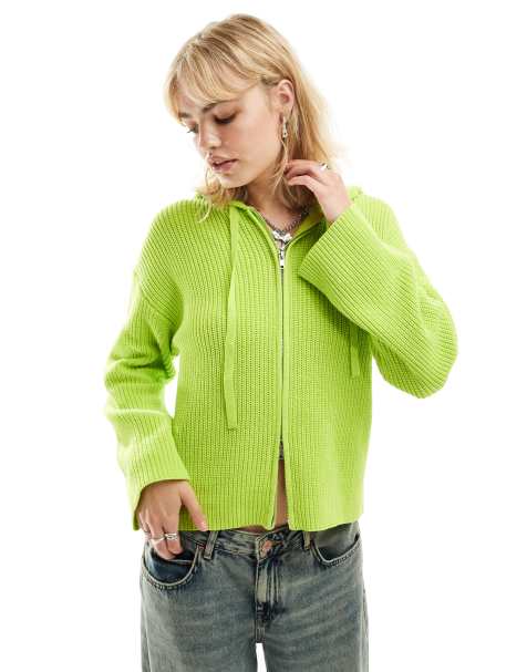 Monki - Cardigan in maglia a coste verde lime con cappuccio e zip - view 1