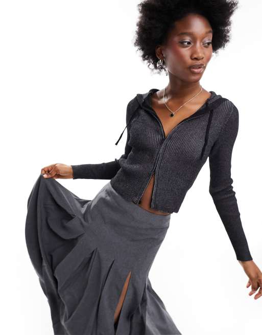 Monki - Cardigan in maglia a maniche lunghe con doppia zip a coste, colore nero in due tonalità