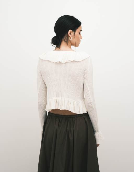 Monki - Cardigan in maglia bianco sporco con volant, 3 di 4