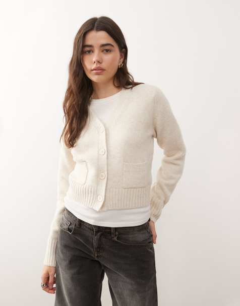 Monki - Cardigan in maglia compatta bianco con tasche - view 1