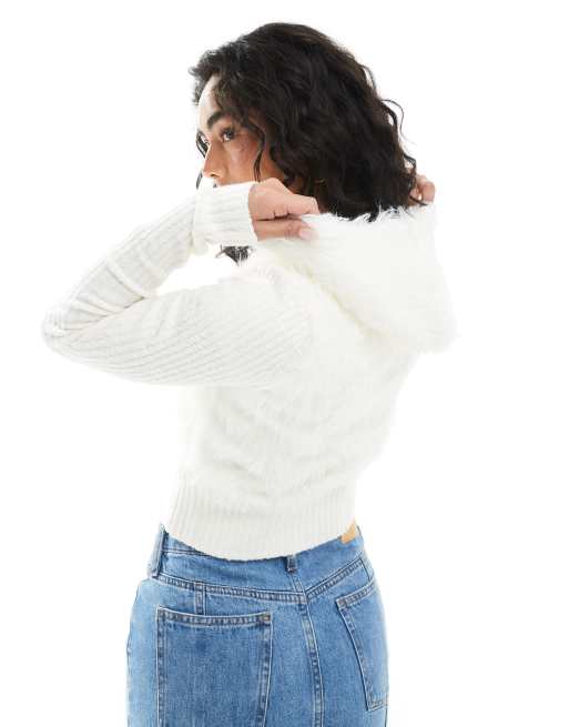 Monki - Cardigan in maglia soffice bianco sporco a coste con zip bidirezionale e cappuccio, 4 di 4