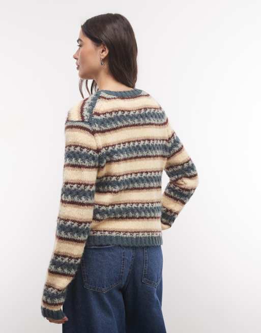 Monki cardigan in maglia testurizzata a righe mix verde kaki, 4 di 4