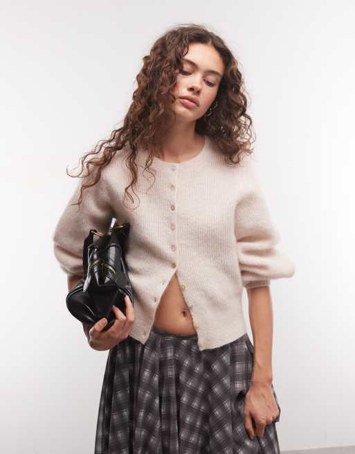 Monki cardigan in misto mohair con maniche a palloncino, taupe polveroso, 2 di 4