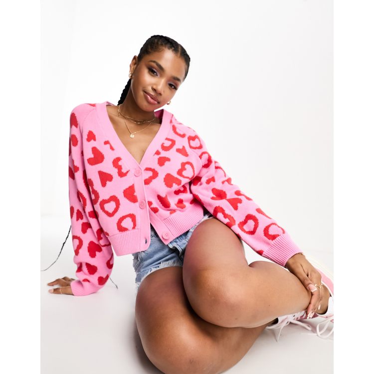 Monki cardigan in pink with red and white hearts | ASOS