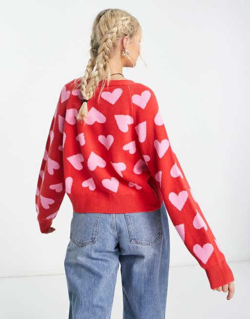 Monki cardigan in red with pink hearts