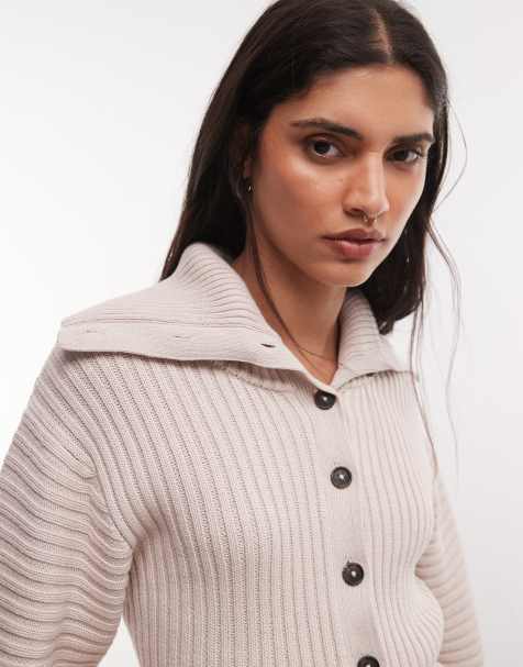 Monki cardigan lavorato a maglia con collo stretto in beige chiaro - view 1