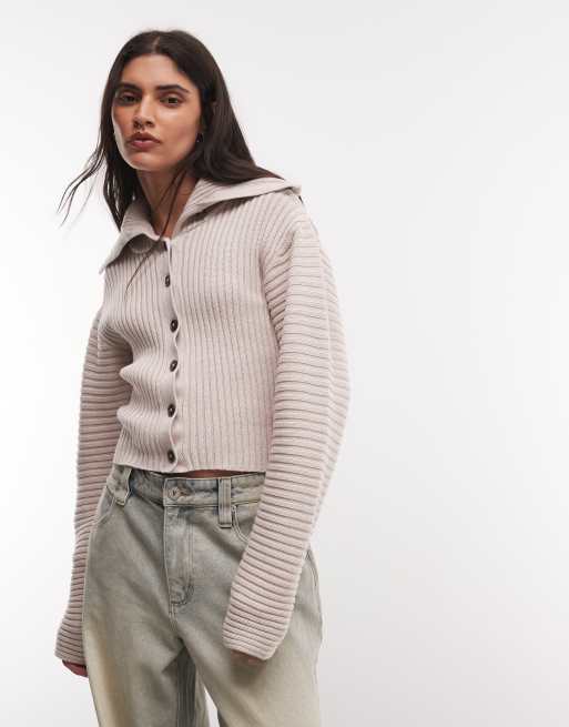 Monki cardigan lavorato a maglia con collo stretto in beige chiaro, 2 di 4