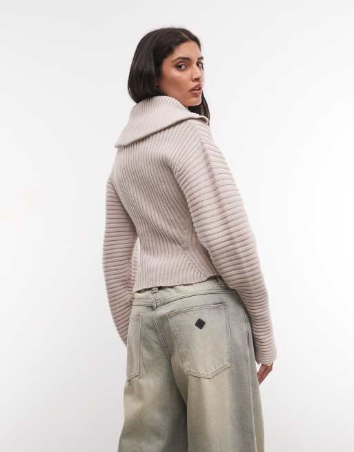 Monki cardigan lavorato a maglia con collo stretto in beige chiaro, 4 di 4