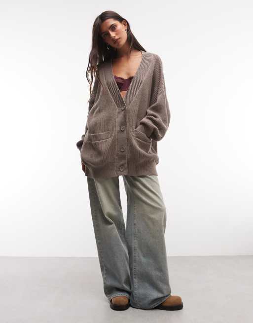 Monki cardigan lungo lavorato a maglia oversize color mink