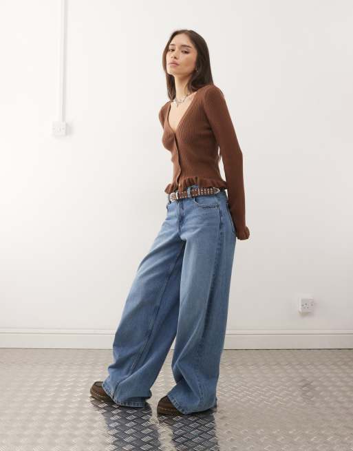 Monki - Cardigan marrone cioccolato con maniche svasate e volant, 2 di 4