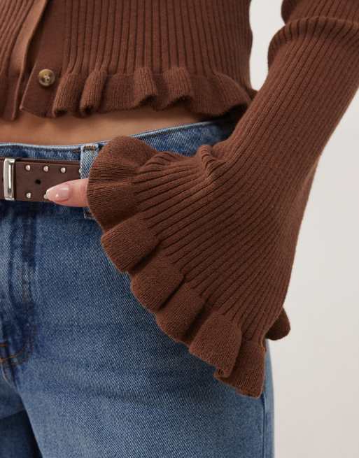 Monki - Cardigan marrone cioccolato con maniche svasate e volant, 3 di 4