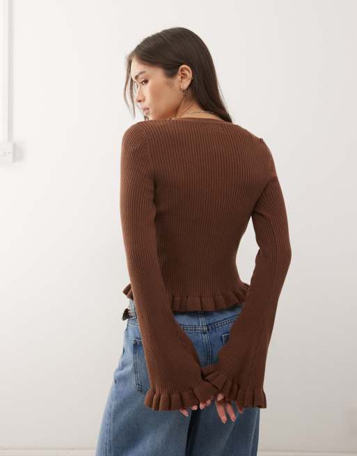 Monki - Cardigan marrone cioccolato con maniche svasate e volant, 4 di 4