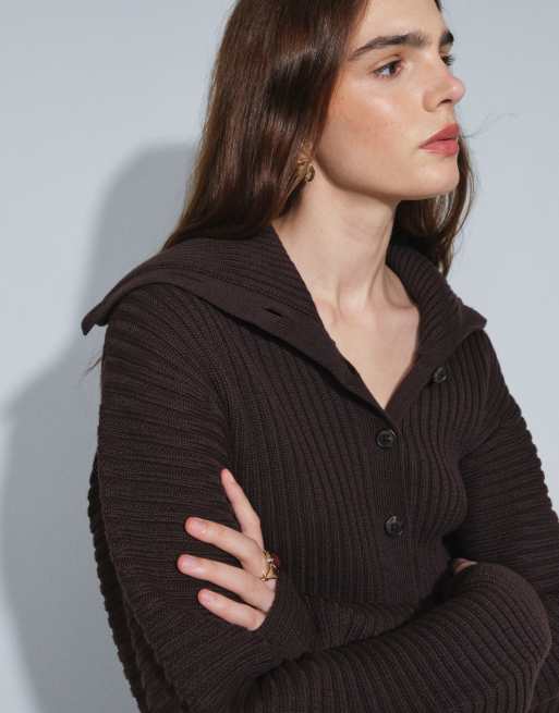 Monki cardigan med indsnøret strikket krave i mørkebrun, 4 af 7