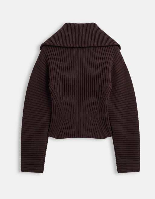 Monki cardigan med indsnøret strikket krave i mørkebrun, 6 af 7