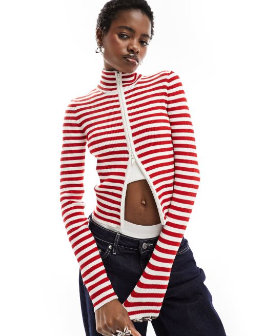 Monki - Cardigan taglio corto rosso e beige in maglia a righe con zip sul davanti