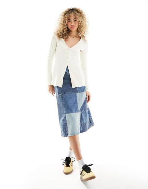 Monki - Cardigan taglio lungo in jersey bianco con spacco sul davanti