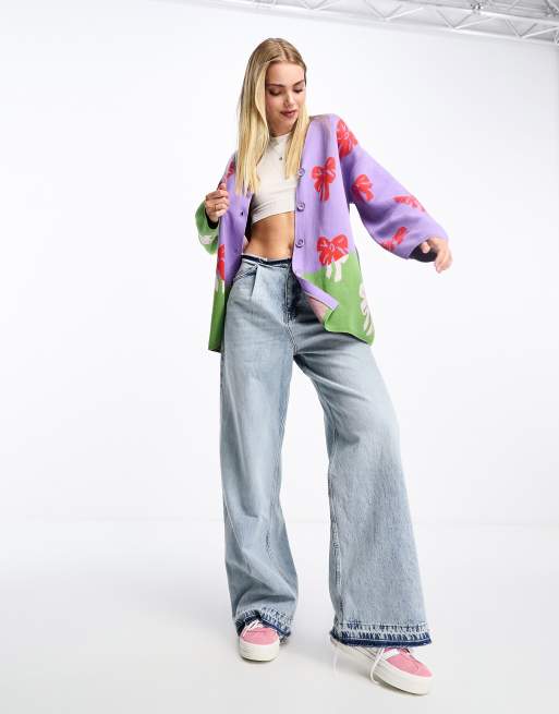 Monki - Cardigan taglio lungo in maglia con stampa di fiocchi jacquard