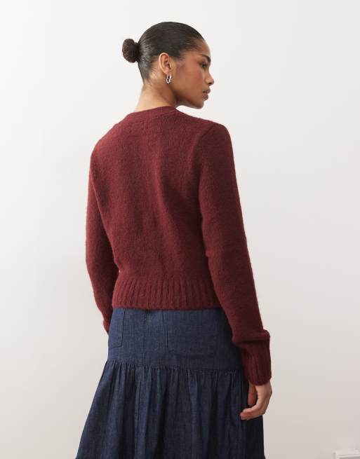 Monki cardigan with front pockets in burgundy, 3 of 4