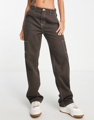 Monki straight leg cargo jeans in brown - ASOS Price Checker