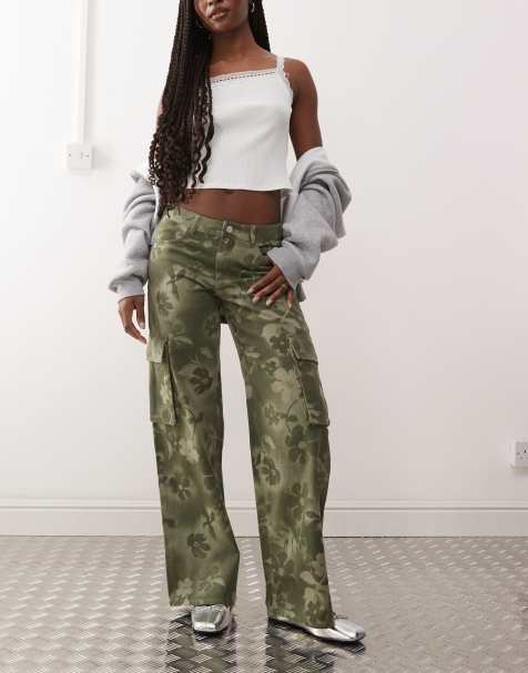 Monki cargo trousers with floral print in khaki - view 1