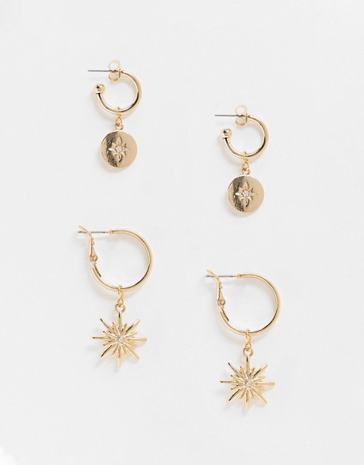 Monki Carli 2 pack hoop earrings in gold