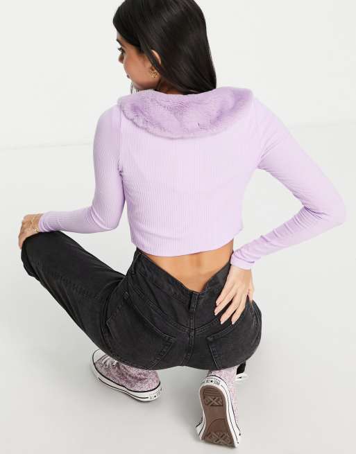 Monki - Casja - Cardigan a coste con colletto in pelliccia lilla - LILAC, 2 di 4