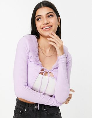 Monki Casja ribbed cardigan with fur collar in lilac - LILAC - ASOS Price Checker