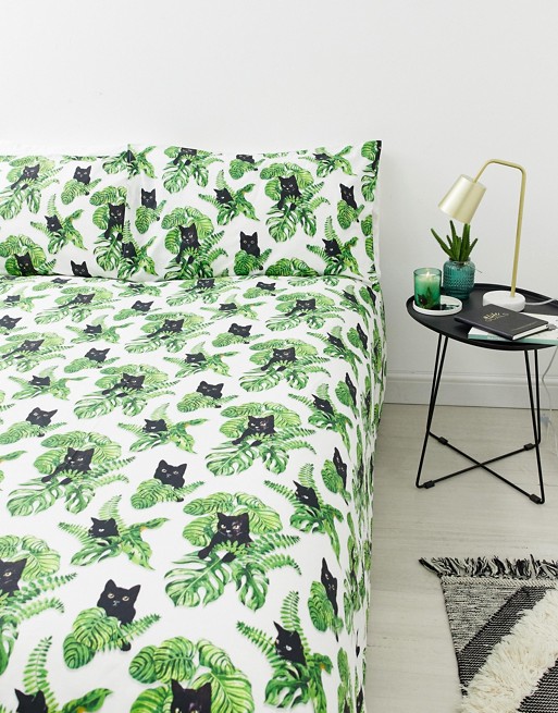 Monki cat and plant print double duvet set in white