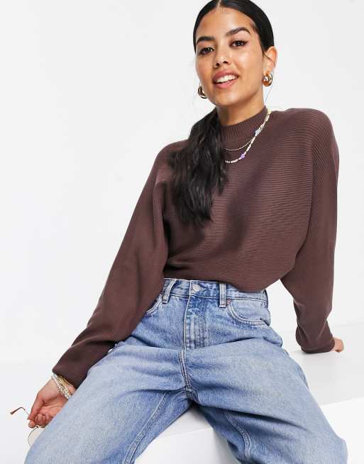 Monki Cathrine batwing cropped jumper in brown BROWN