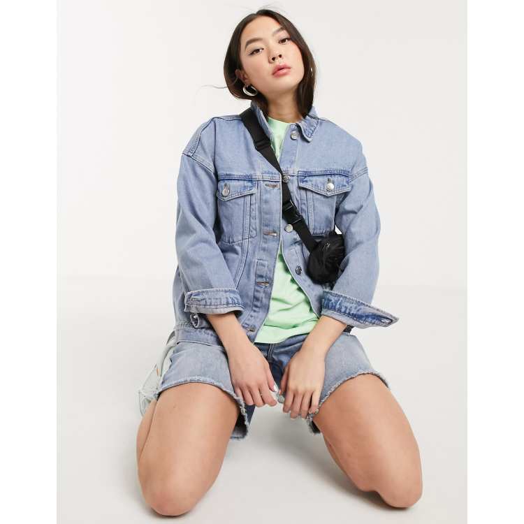 Monki Cathy oversized denim jacket in blue | ASOS