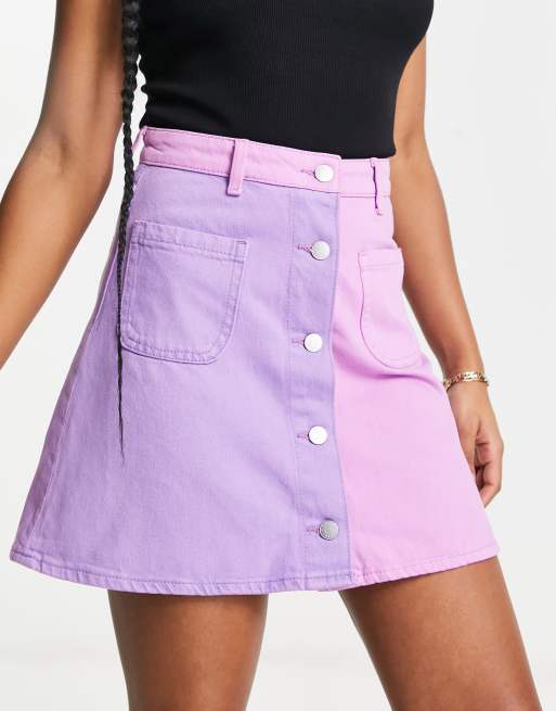 Monki - Cecilia - Minigonna in denim color block lilla