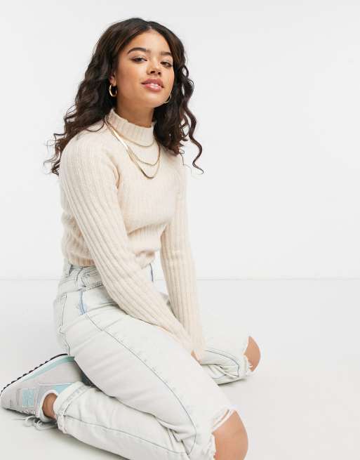 Monki Celine knit ribbed sweater in beige | ASOS