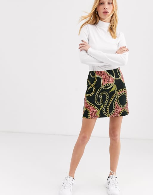 Monki chain print satin mini skirt in black | ASOS