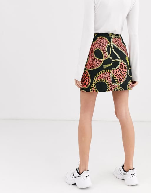 Monki chain print satin mini skirt in black ASOS