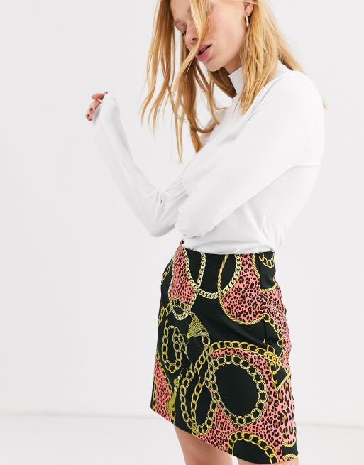 Monki chain print satin mini skirt in black