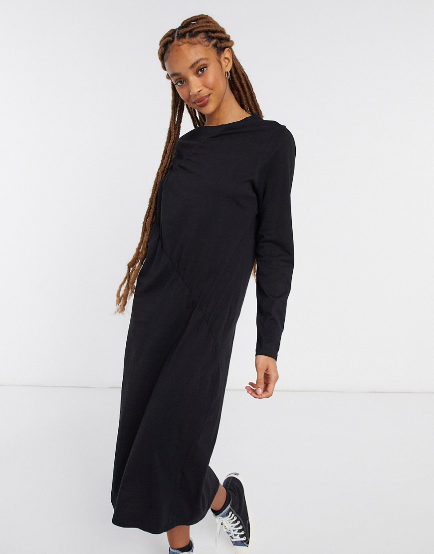 Monki Charla organic cotton long sleeve ruched front midi dress in black