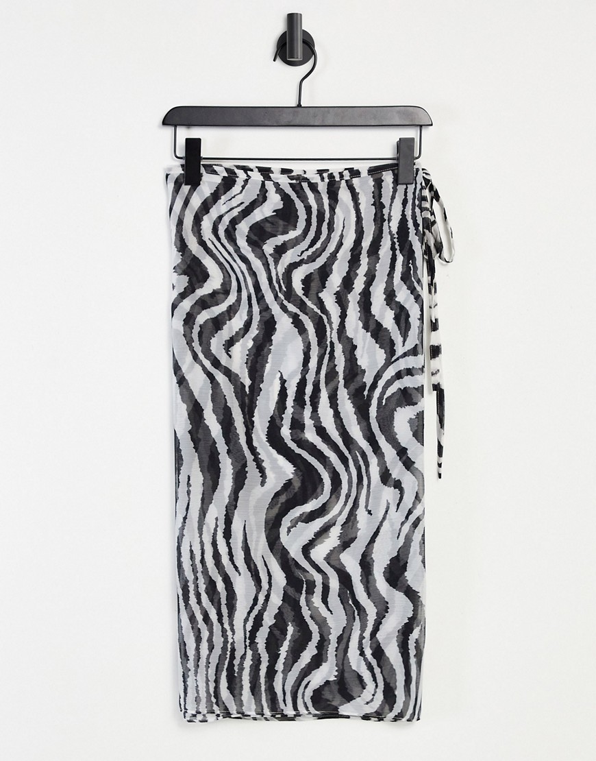 Monki Charlene wrap tie sarong set in zebra print-Multi