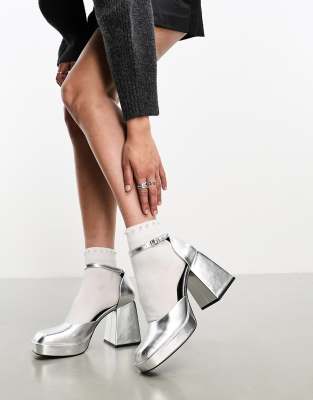 Monki platform square toe heel in silver metallic - ASOS Price Checker