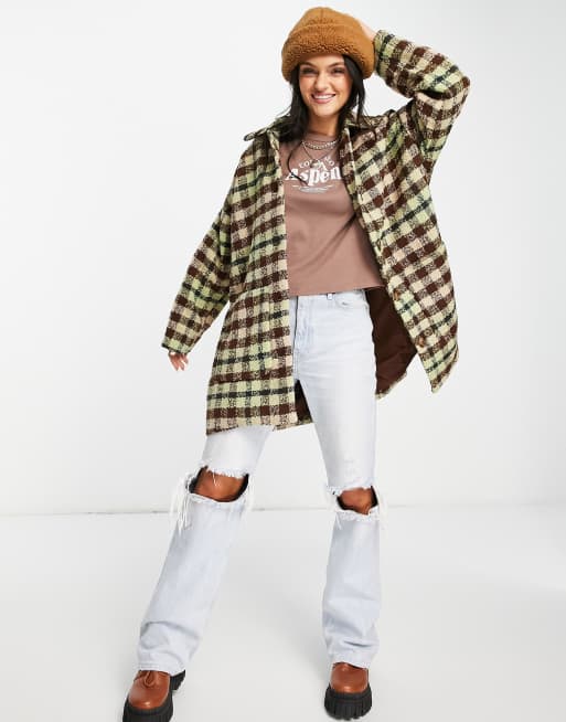  Monki check boucle wool coat in beige and brown