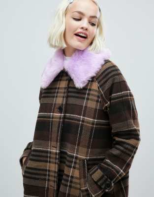 checked jacket with fur collar