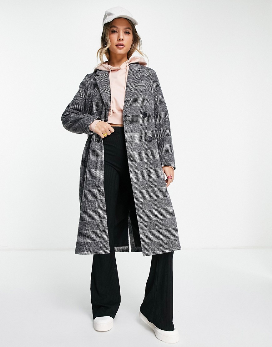 Monki check double breasted tailored coat in gray-Black