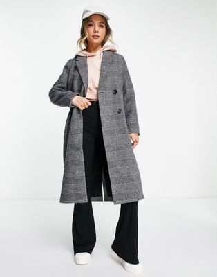 Monki check double breasted tailored coat in grey