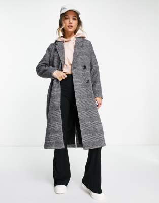 Monki check double breasted tailored coat in grey | ASOS