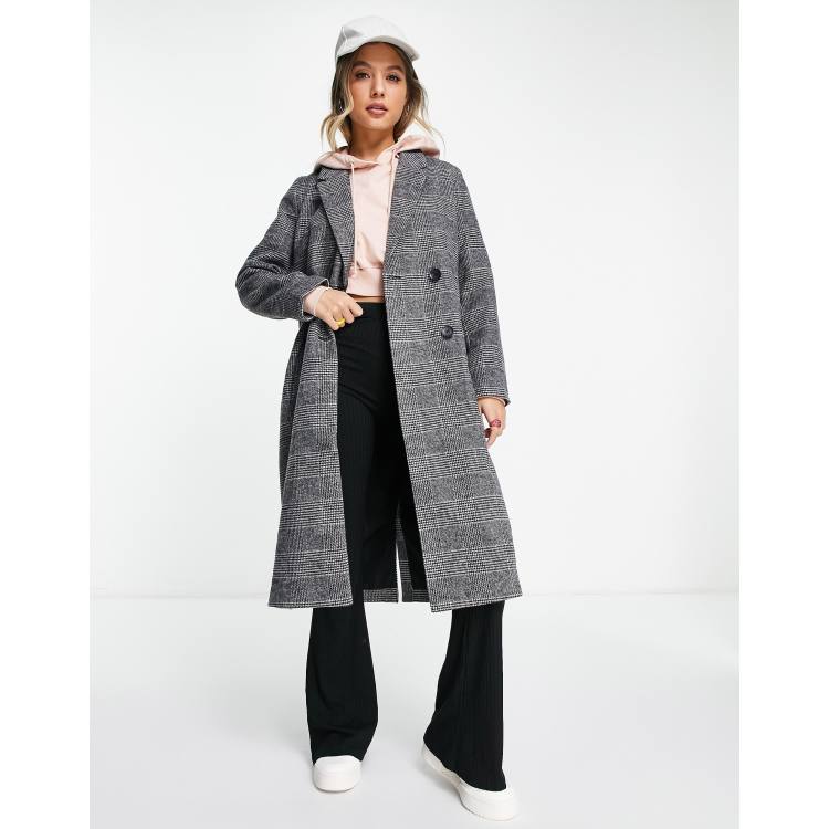 Monki check double breasted tailored coat in grey