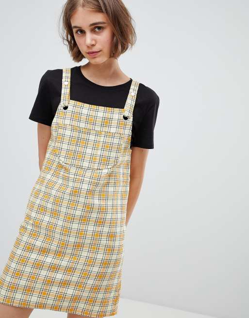 Monki Check Mini Overalls Dress in Yellow