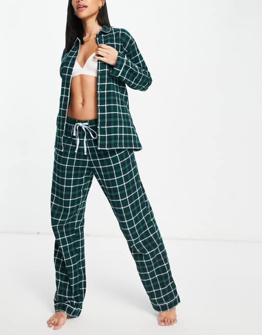 Monki check print shirt and pants pajama set in green