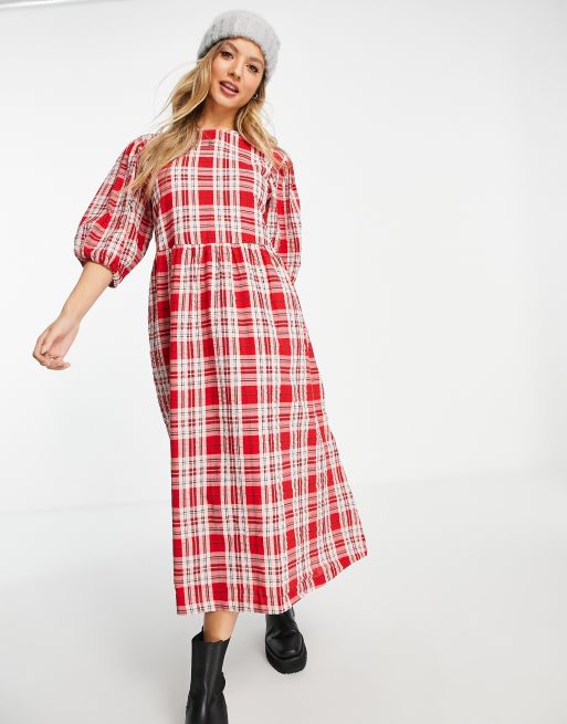 Red check deals midi dress